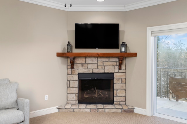 details featuring a stone fireplace, ornamental molding, and carpet flooring