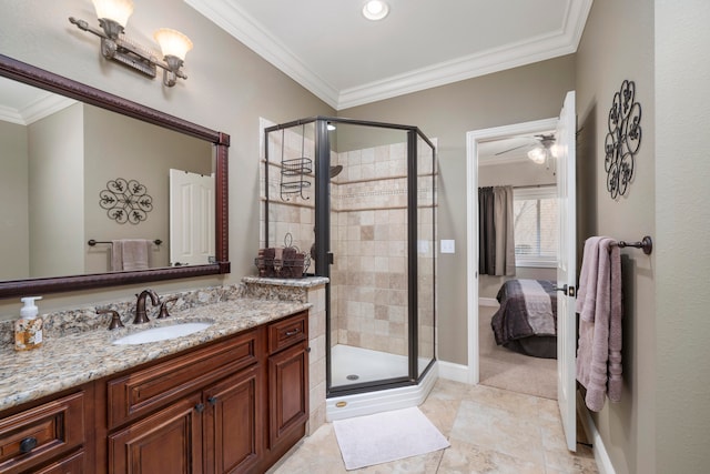 bathroom featuring tile patterned flooring, ornamental molding, walk in shower, vanity, and ceiling fan