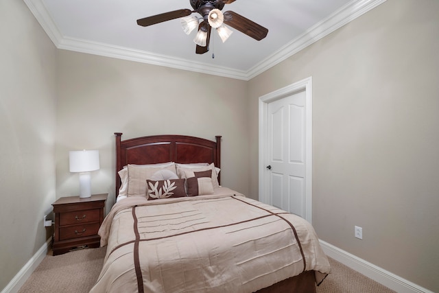 bedroom with ceiling fan, crown molding, and light colored carpet