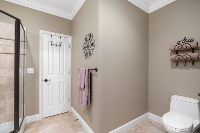 bathroom featuring a shower with door, toilet, crown molding, and tile patterned floors