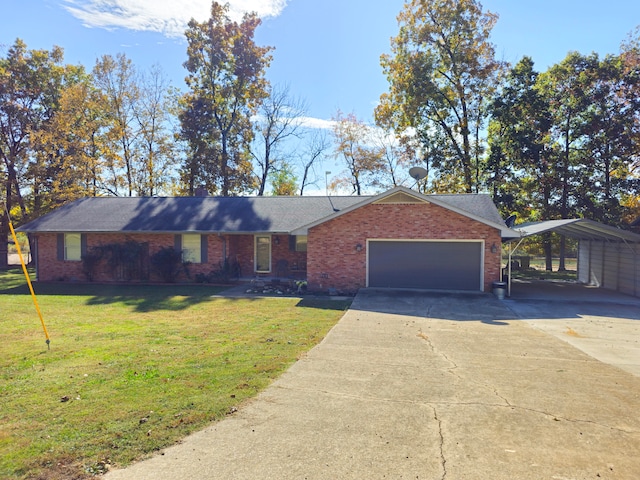 single story home featuring a front lawn, a garage, and a carport