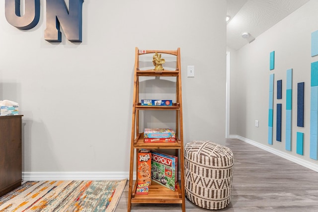 interior space featuring a textured ceiling and hardwood / wood-style floors