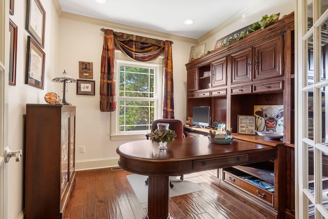 office area featuring crown molding and dark wood-type flooring