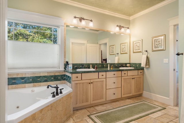 bathroom featuring vanity, ornamental molding, and tiled tub