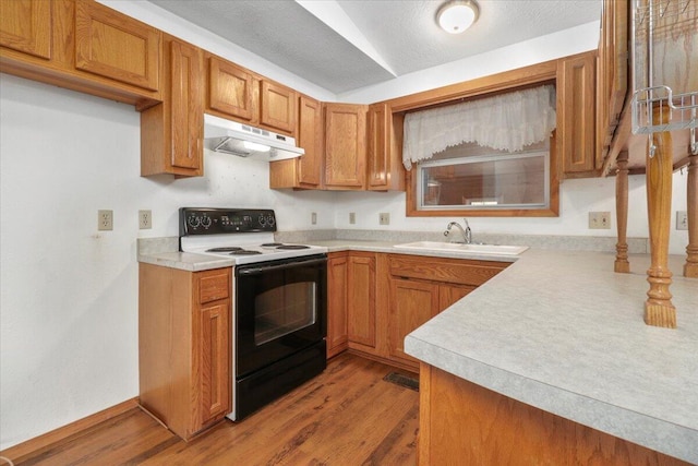 kitchen with sink, white electric range, and light wood-type flooring