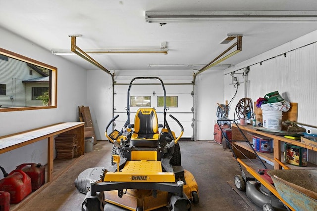 garage with a workshop area
