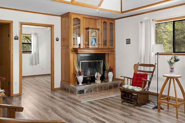 living area featuring a stone fireplace, ornamental molding, and light wood-type flooring