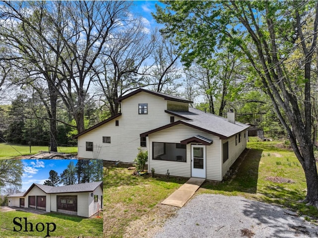 rear view of house featuring a lawn, a swimming pool, and a chimney