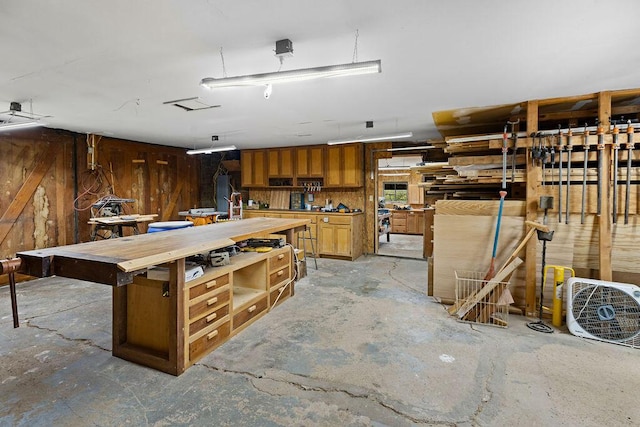 basement with wood walls and a workshop area