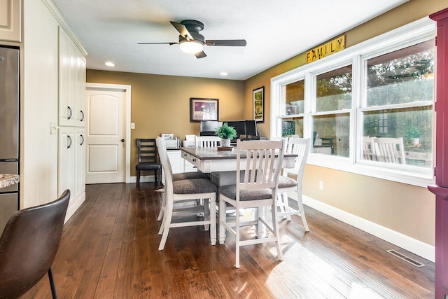 dining space featuring ceiling fan, a healthy amount of sunlight, and dark hardwood / wood-style flooring