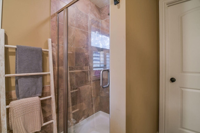 bathroom with a shower with shower door