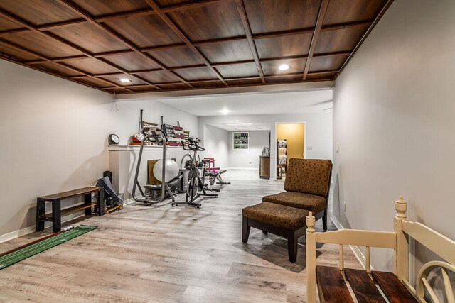 living area with light hardwood / wood-style floors and wooden ceiling