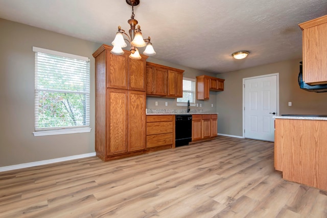 kitchen featuring light hardwood / wood-style floors, a healthy amount of sunlight, black dishwasher, and decorative light fixtures