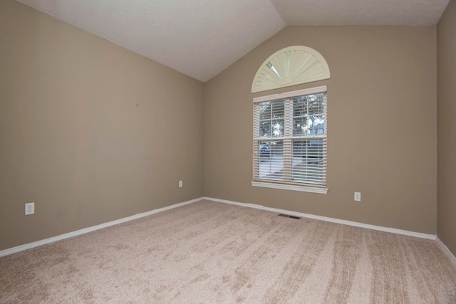 carpeted empty room featuring lofted ceiling and a textured ceiling