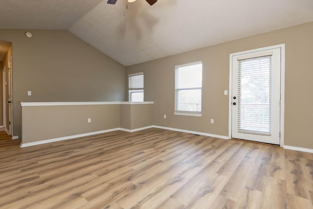 81 Clear Cove Dr, Reeds Spring, MO 65737 - unfurnished room with ceiling fan, light wood-style flooring, baseboards, lofted ceiling, and a smoke detector
