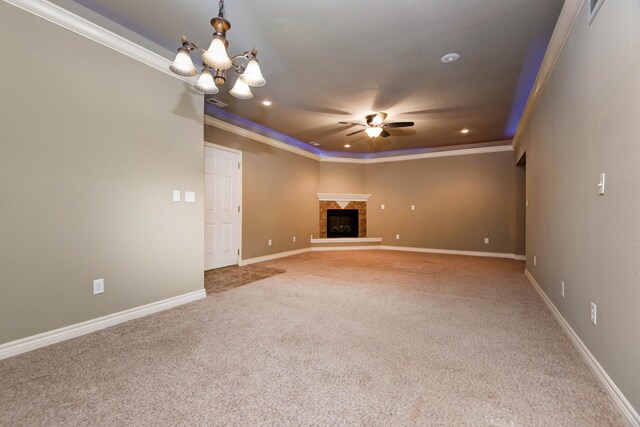 81 Clear Cove Dr, Reeds Spring, MO 65737 - unfurnished living room with a ceiling fan, carpet floors, crown molding, a chandelier, and recessed lighting
