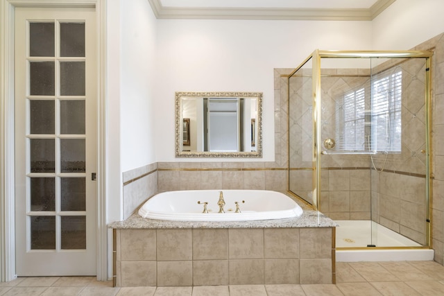 bathroom with ornamental molding, plus walk in shower, and tile patterned flooring