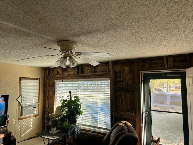 interior space with a healthy amount of sunlight, a textured ceiling, and wood walls