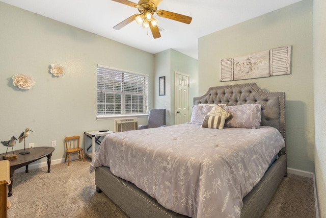 bedroom featuring ceiling fan, carpet, and a wall mounted air conditioner