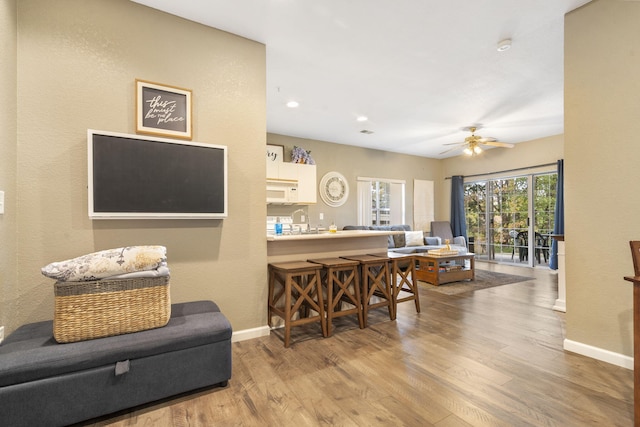 living room with light hardwood / wood-style floors and ceiling fan