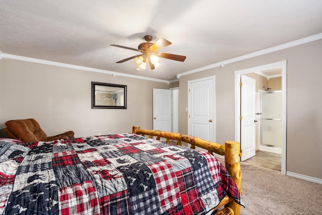 bedroom featuring ceiling fan, light carpet, and ornamental molding