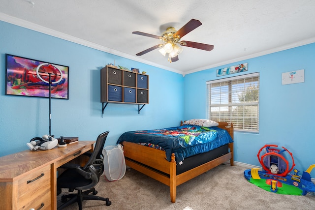 bedroom featuring crown molding, light colored carpet, and ceiling fan