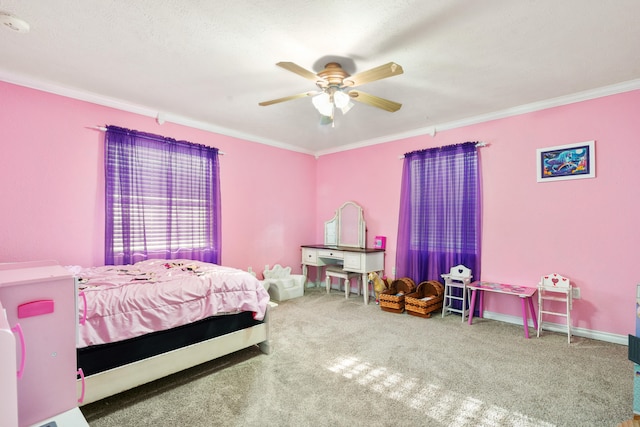 bedroom featuring crown molding, carpet floors, a textured ceiling, and ceiling fan