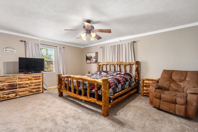 bedroom with crown molding, carpet floors, a textured ceiling, and ceiling fan