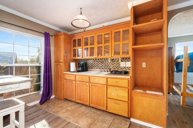 kitchen featuring light hardwood / wood-style floors, ornamental molding, and sink