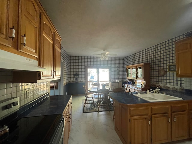 kitchen featuring sink, electric range, and ceiling fan