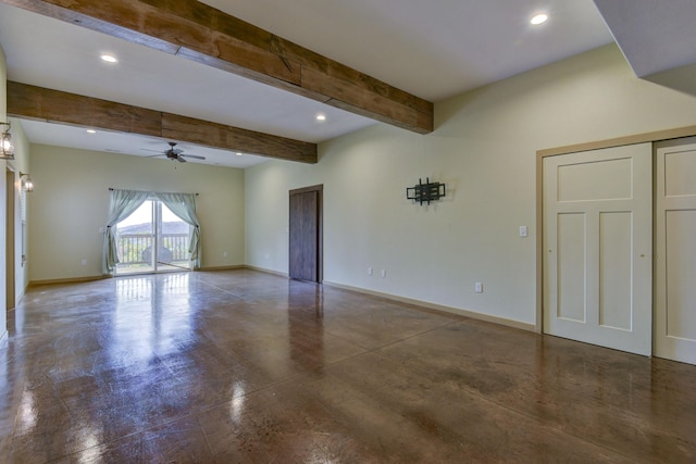 3133 Talking Rocks Rd, Reeds Spring, MO 65737 - unfurnished room featuring ceiling fan, beamed ceiling, baseboards, recessed lighting, and finished concrete floors