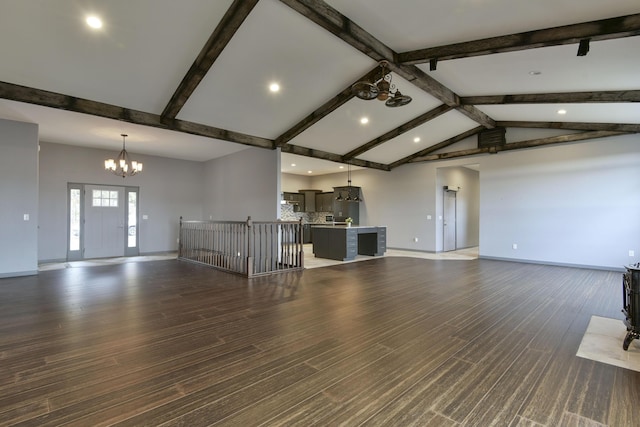 3133 Talking Rocks Rd, Reeds Spring, MO 65737 - unfurnished living room featuring a chandelier, baseboards, recessed lighting, and wood finished floors