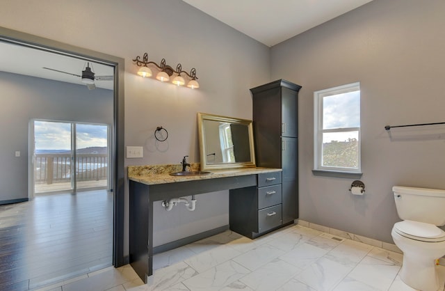 bathroom featuring sink, wood-type flooring, toilet, and plenty of natural light