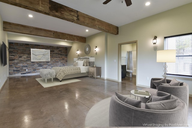 bedroom with beam ceiling, ensuite bath, and ceiling fan