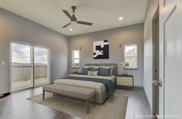 bedroom with access to exterior, hardwood / wood-style flooring, and ceiling fan