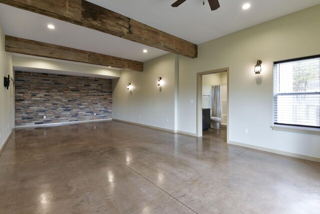 3133 Talking Rocks Rd, Reeds Spring, MO 65737 - unfurnished room featuring concrete flooring, a ceiling fan, beamed ceiling, baseboards, and recessed lighting