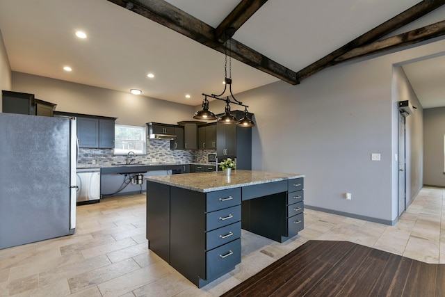 kitchen with beamed ceiling, a center island, decorative light fixtures, appliances with stainless steel finishes, and tasteful backsplash