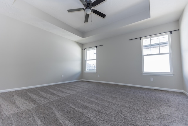 spare room with ceiling fan, carpet flooring, a healthy amount of sunlight, and a raised ceiling