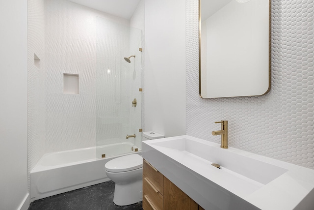 full bathroom featuring vanity, toilet, and  shower combination