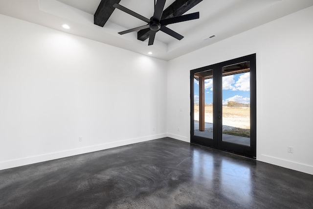 spare room featuring beamed ceiling, french doors, and ceiling fan