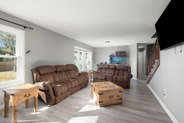 living room with light hardwood / wood-style floors and a wealth of natural light