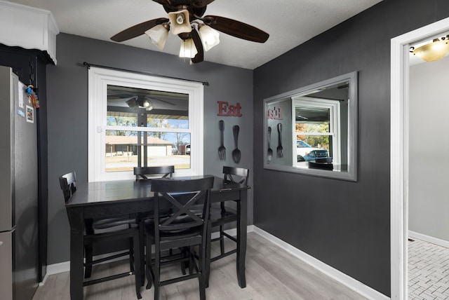 dining room featuring light hardwood / wood-style flooring, ceiling fan, a textured ceiling, and plenty of natural light