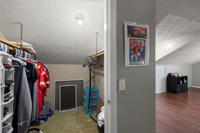 walk in closet featuring lofted ceiling and dark hardwood / wood-style flooring