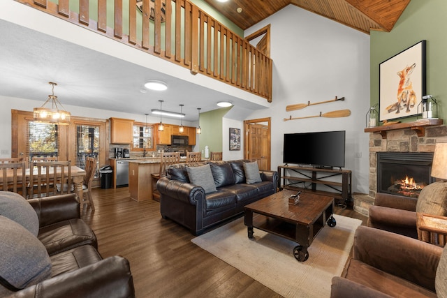 living room featuring a stone fireplace, high vaulted ceiling, wooden ceiling, and dark hardwood / wood-style flooring