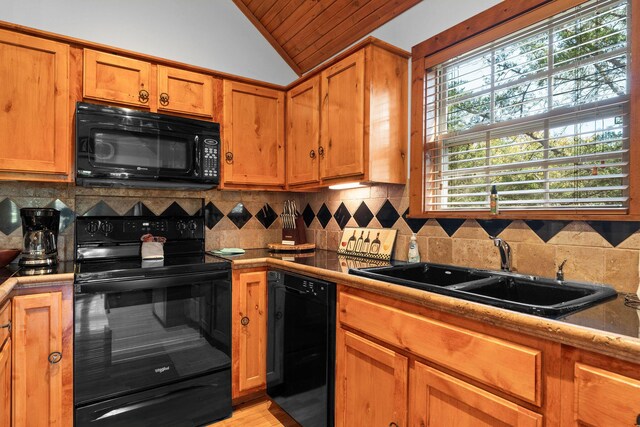 24 Baldknobber Dr Unit 18, Branson West, MO 65737 - kitchen featuring black appliances, vaulted ceiling, backsplash, wooden ceiling, and brown cabinets