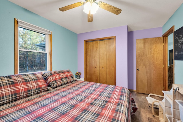 bedroom featuring a closet, ceiling fan, and wood-type flooring