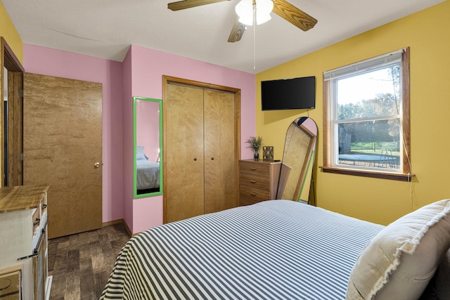 bedroom featuring dark wood-type flooring, ceiling fan, and a closet