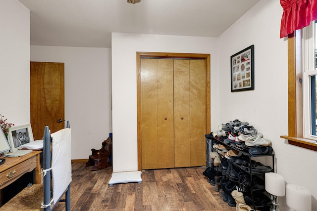 home office with dark hardwood / wood-style flooring