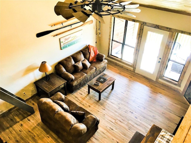 living room with lofted ceiling and wood-type flooring