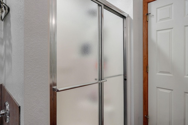 bathroom featuring a shower with shower door